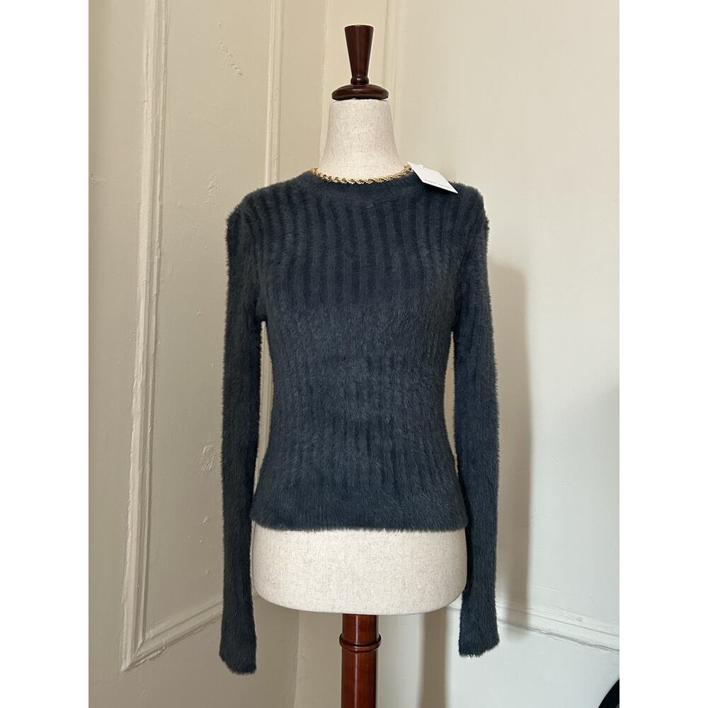 Dear John Women Charcoal Grey Fuzzy Ribbed Sweater Gold Chain Neck Detail NWT